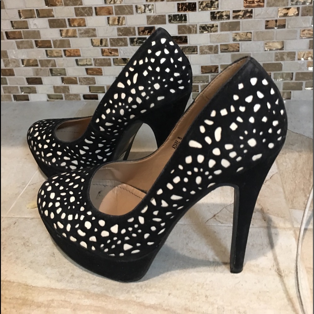 Layered Faux Black Suede Netting overlay. 5”Heels